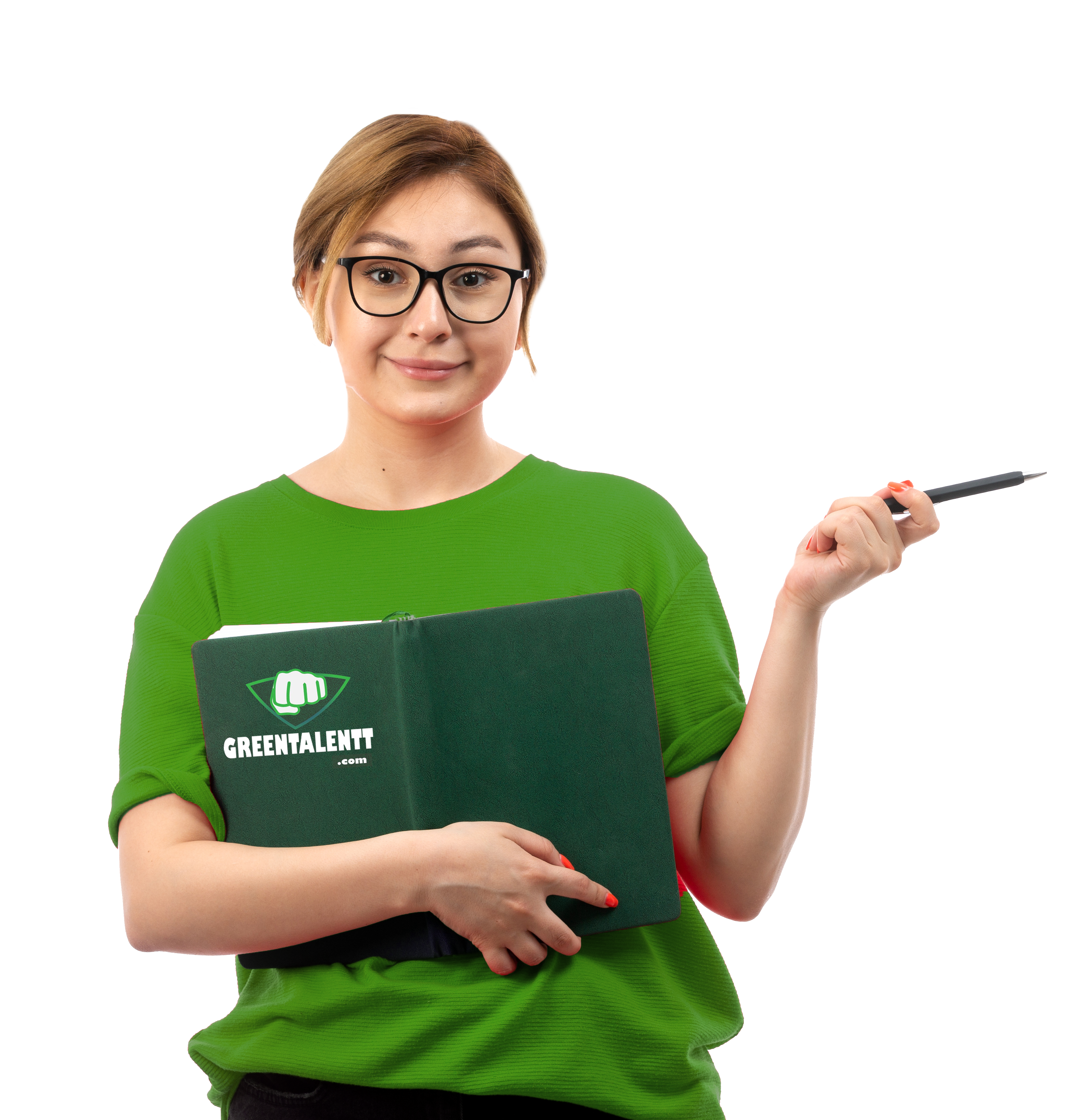 young female teacher- greent t-shirt holding a notebook greentalentt